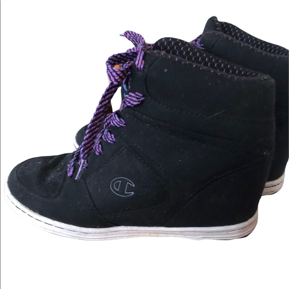 Black and purple wedge Champion high tops. Size 7.5